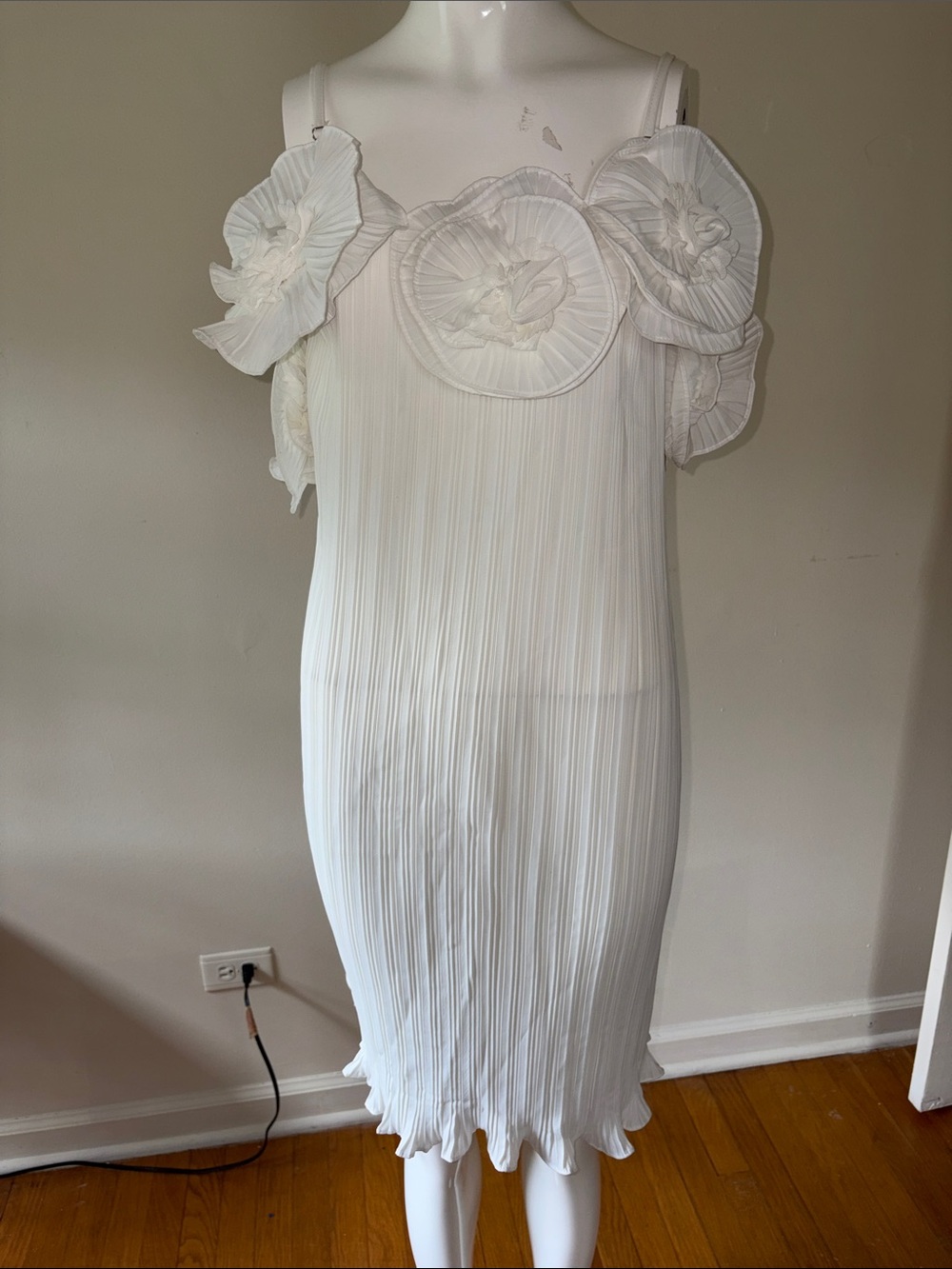 White Pleated Midi Dress with Floral Appliqué